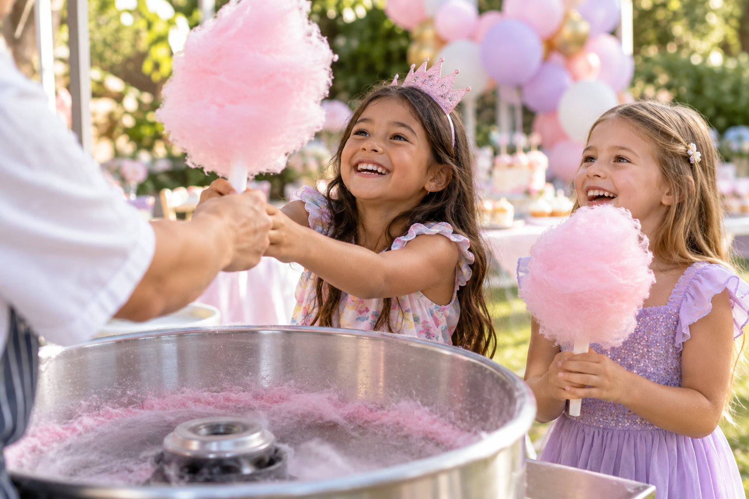 Children receiving pink cotton candy at a birthday party