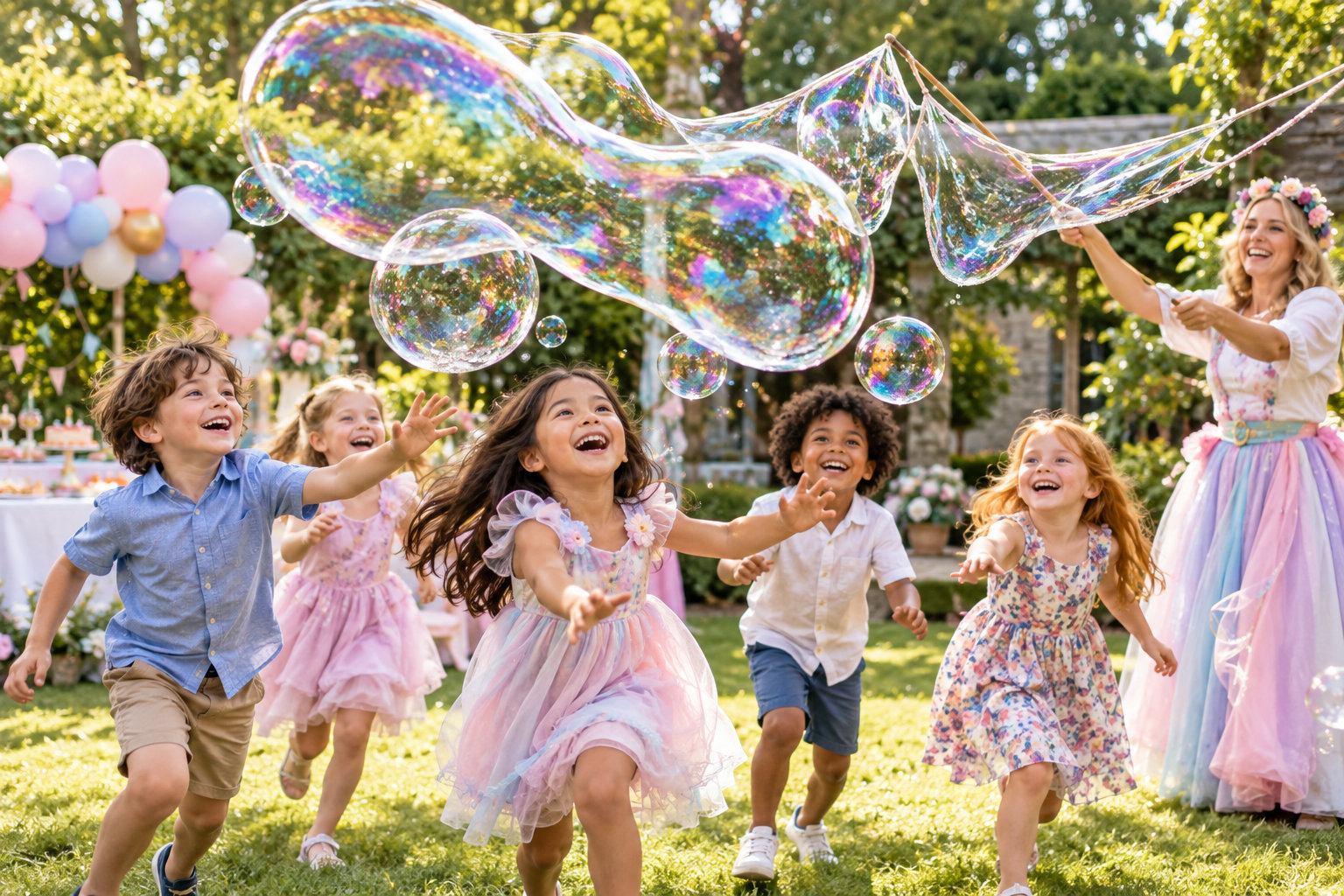 Children playing beside giant soap bubbles at a garden party