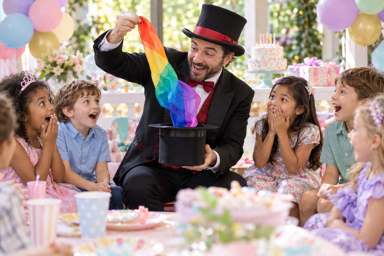 Children reacting with surprise to a magician’s colorful scarf trick