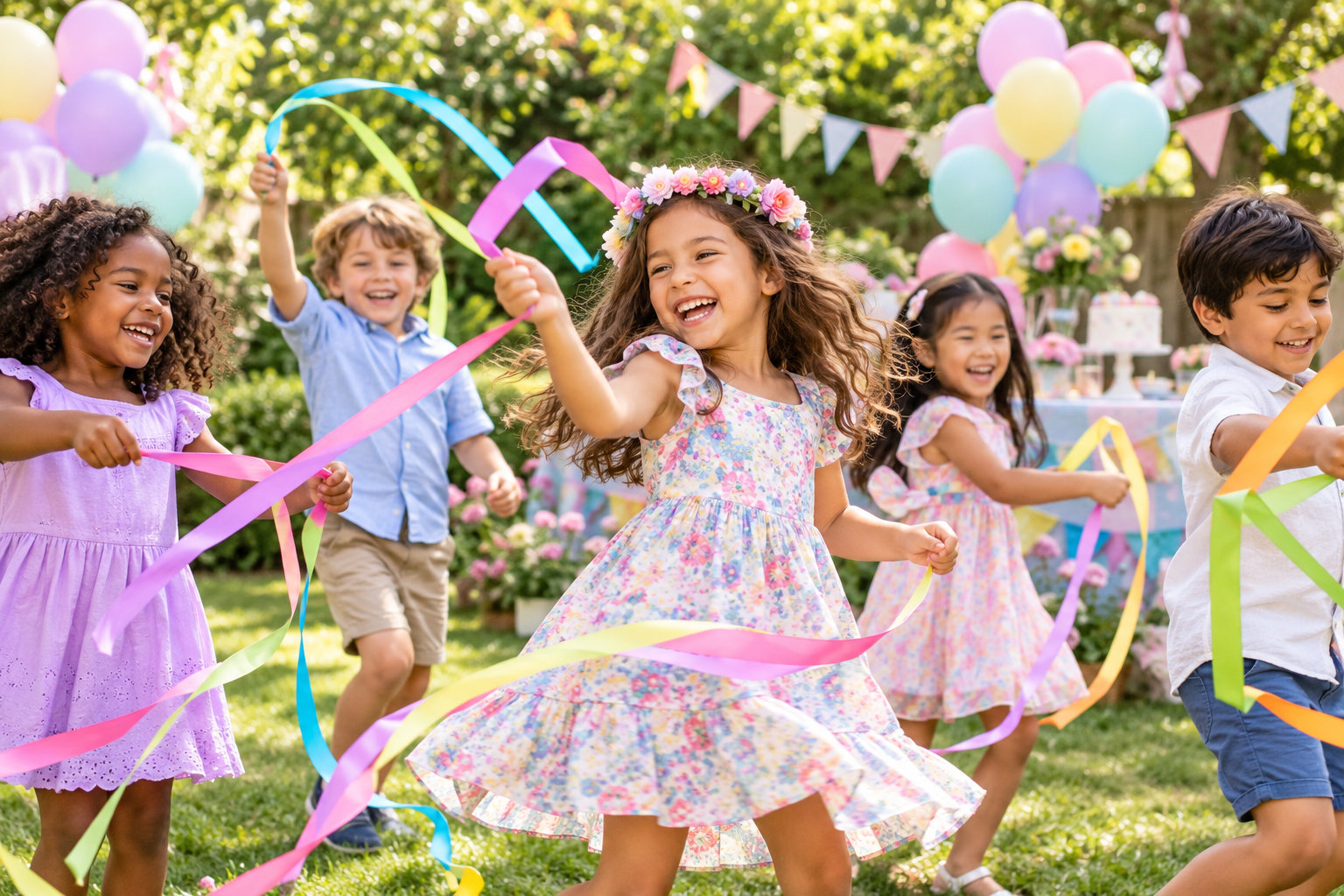 Children dancing with ribbons during birthday party games